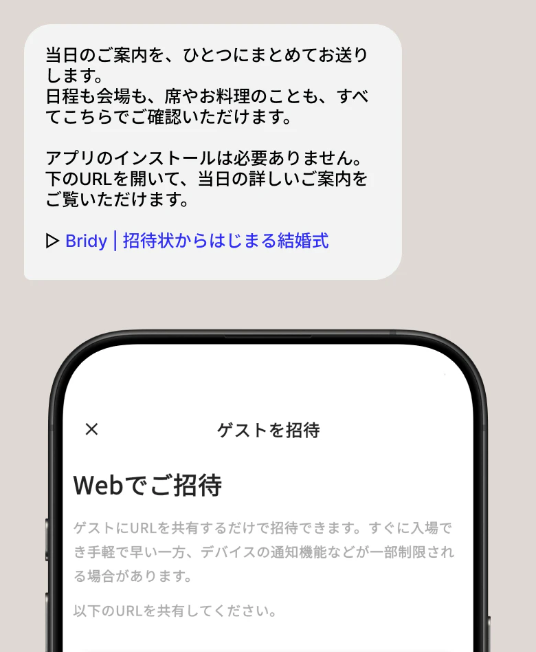 完成した結婚式のご案内のURLをゲストに共有する画面