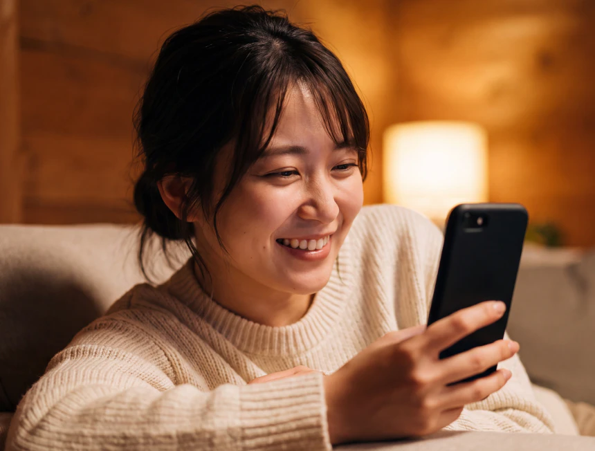 ソファでスマートフォンを手に、やわらかな灯りの中で微笑む女性